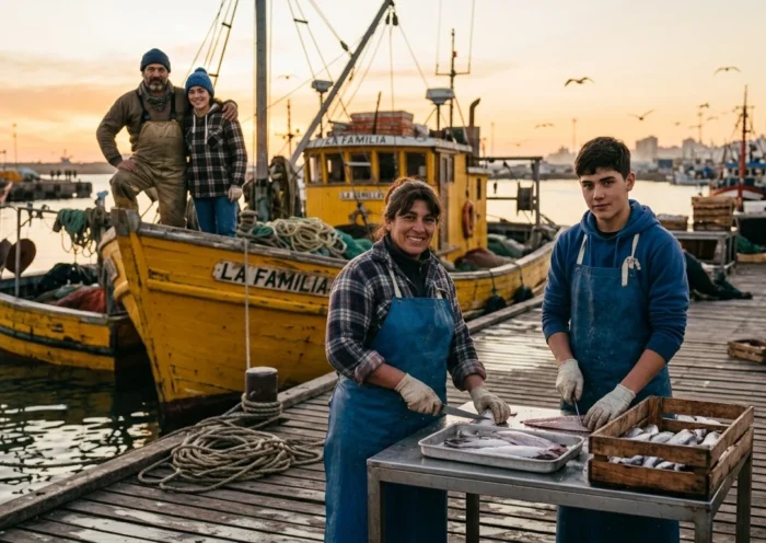 Familia marplatense trabajando en el procesamiento de pescado junto a una tradicional lancha amarilla en el Puerto de Mar del Plata.