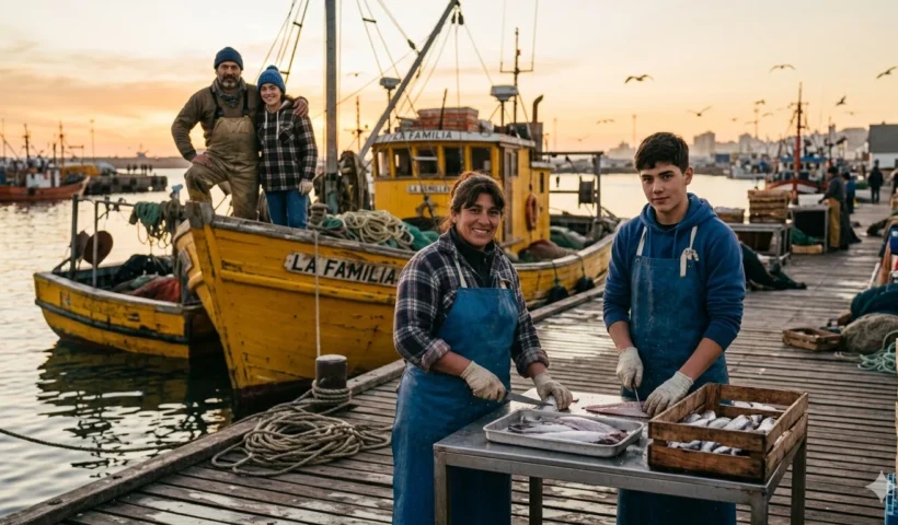 Familia marplatense trabajando en el procesamiento de pescado junto a una tradicional lancha amarilla en el Puerto de Mar del Plata.