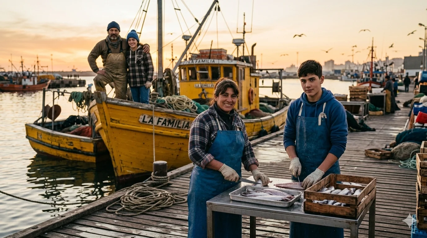 Familia marplatense trabajando en el procesamiento de pescado junto a una tradicional lancha amarilla en el Puerto de Mar del Plata.