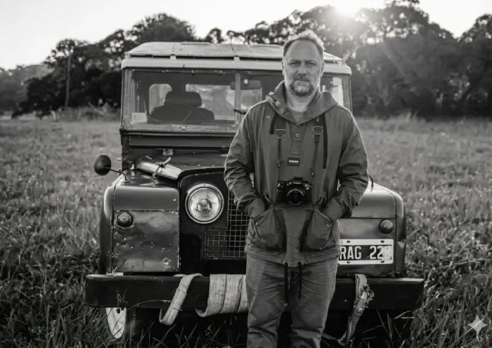 Mariano Larralde fotógrafo de Mar del Plata posando junto con su camara fotografica delante de su Land Rover
