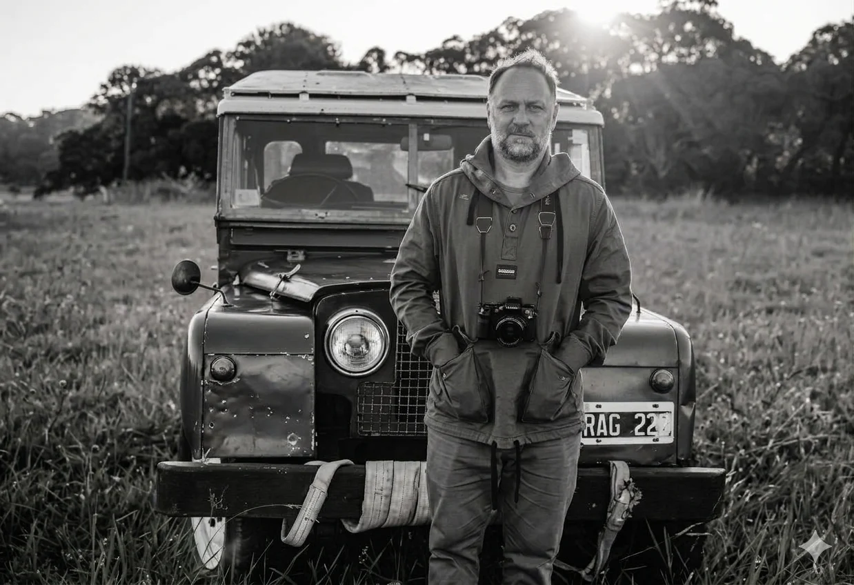 Mariano Larralde fotógrafo de Mar del Plata posando junto con su camara fotografica delante de su Land Rover