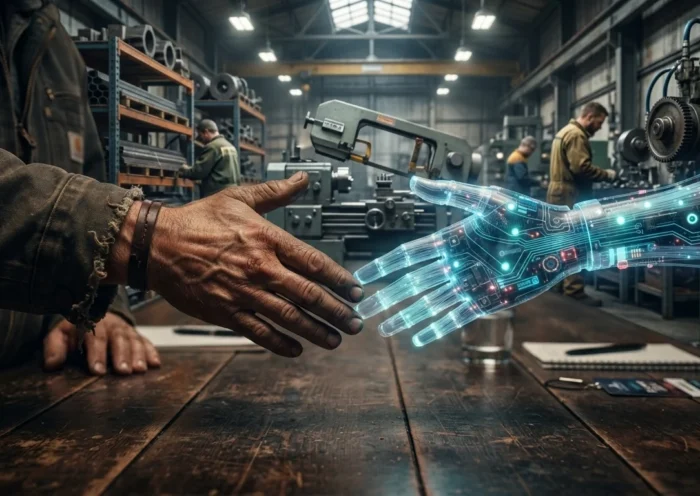 Imagen hecha con IA con una mano de trabajador metalmecanico dándose la mano con una mano digital en metafora del encuentro de mundos.