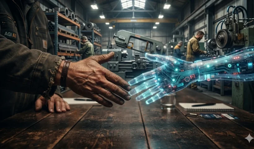 Imagen hecha con IA con una mano de trabajador metalmecanico dándose la mano con una mano digital en metafora del encuentro de mundos.