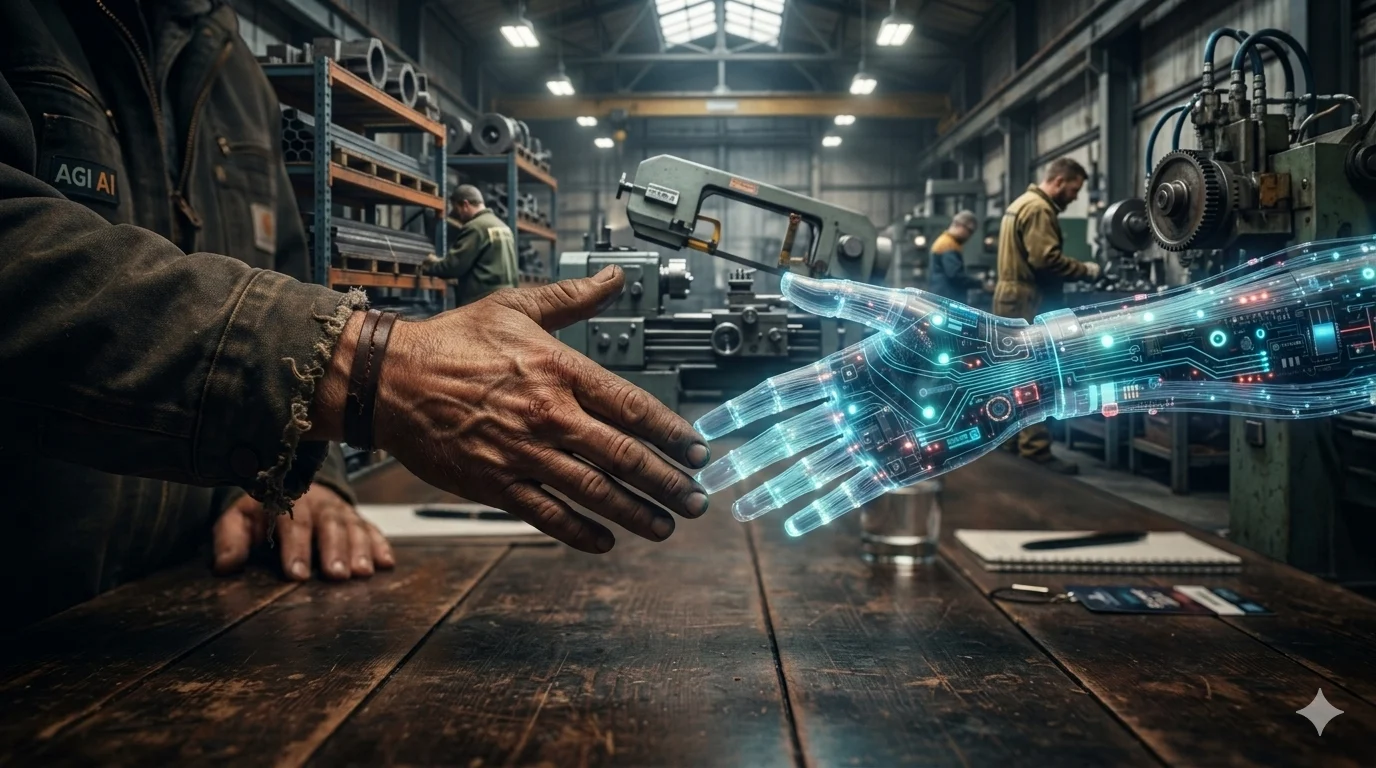 Imagen hecha con IA con una mano de trabajador metalmecanico dándose la mano con una mano digital en metafora del encuentro de mundos.